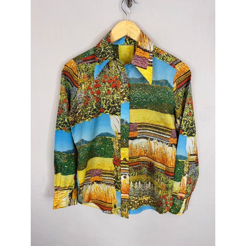 Vintage Western Prairies Mountain Button Down Shirt Disco Retro‎ 70s Women M